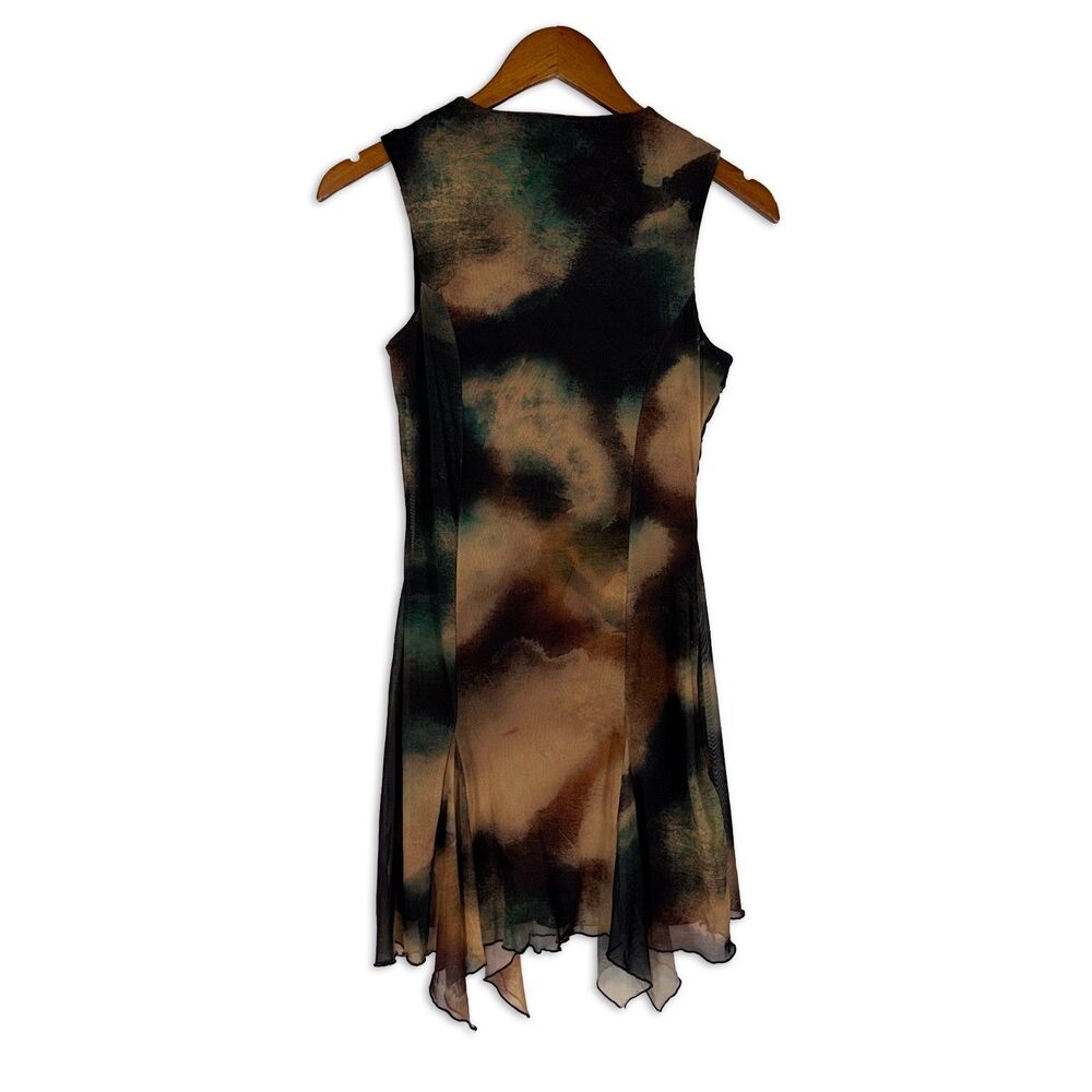 Boohoo Abstract Mesh Mini Dress US 6 Brown Green Black Asymmetrical Hem Y2K